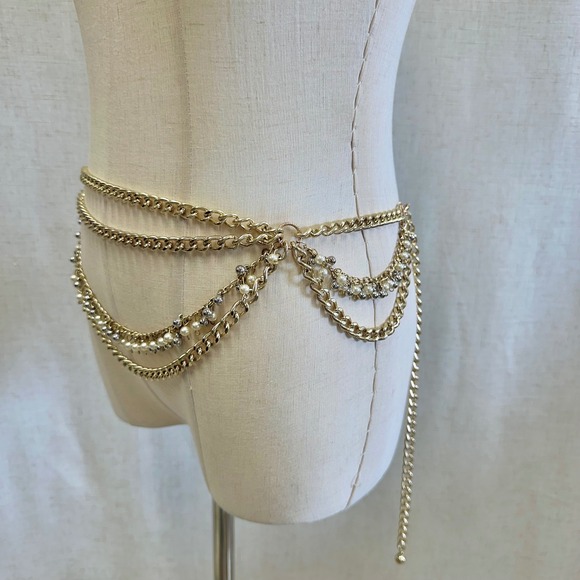 Gold Tone Multi Layer Chain Belt Faux Pearl Rhinestone Dangle Accent One‎ Size main image 9